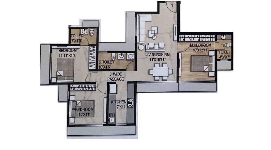 Maple-Wood-FLoor-Plan-3 BHK-834 Sqft
